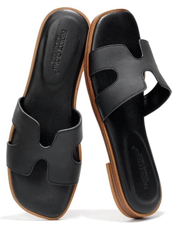 Shoes - Women's Black Genuine Leather Fashion Flats Memory Foam Insole Slides Sandals